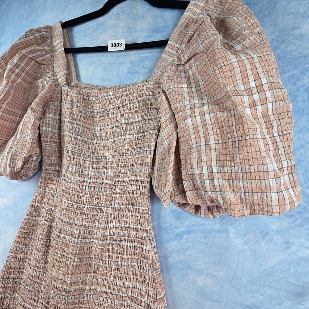 Atoir Fool To Love Dress Peach Plaid Smocked Puff Sleeve Mini Dress Sz 4 - Picture 4 of 8